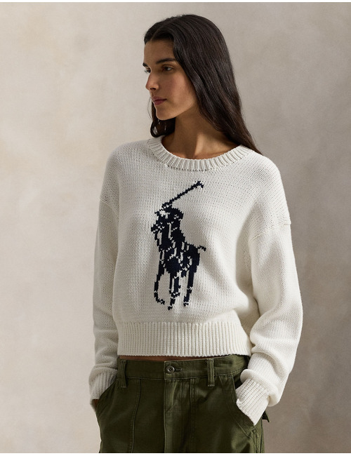 Katoenen trui met Big Pony en ronde hals in wit