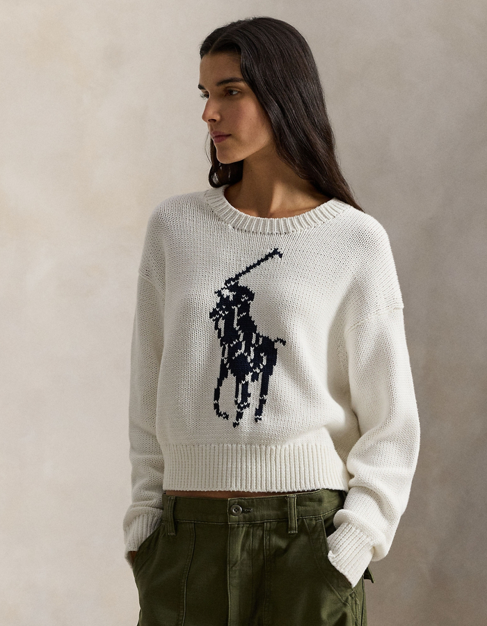 Katoenen trui met Big Pony en ronde hals in wit