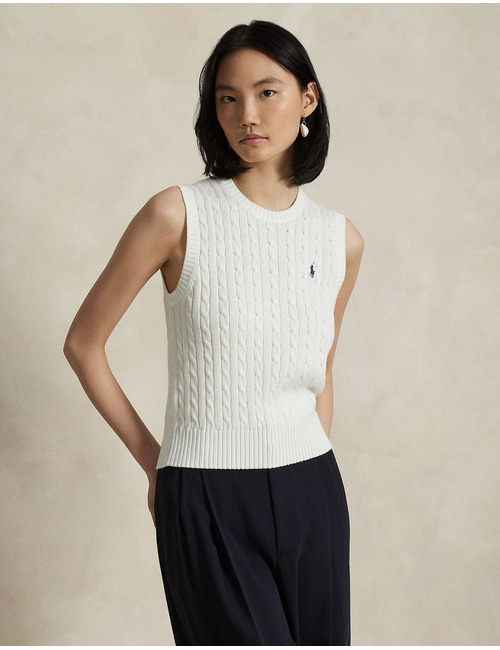 Kabelgebreide katoenen sweater vest met ronde hals in wit