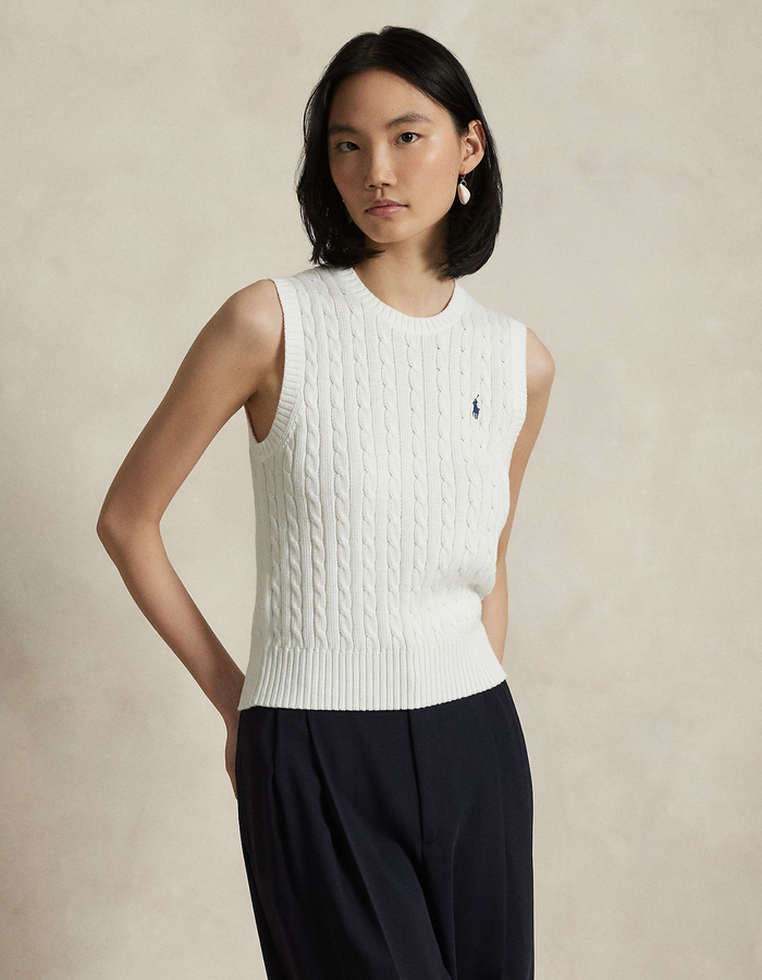 Kabelgebreide katoenen sweater vest met ronde hals in wit