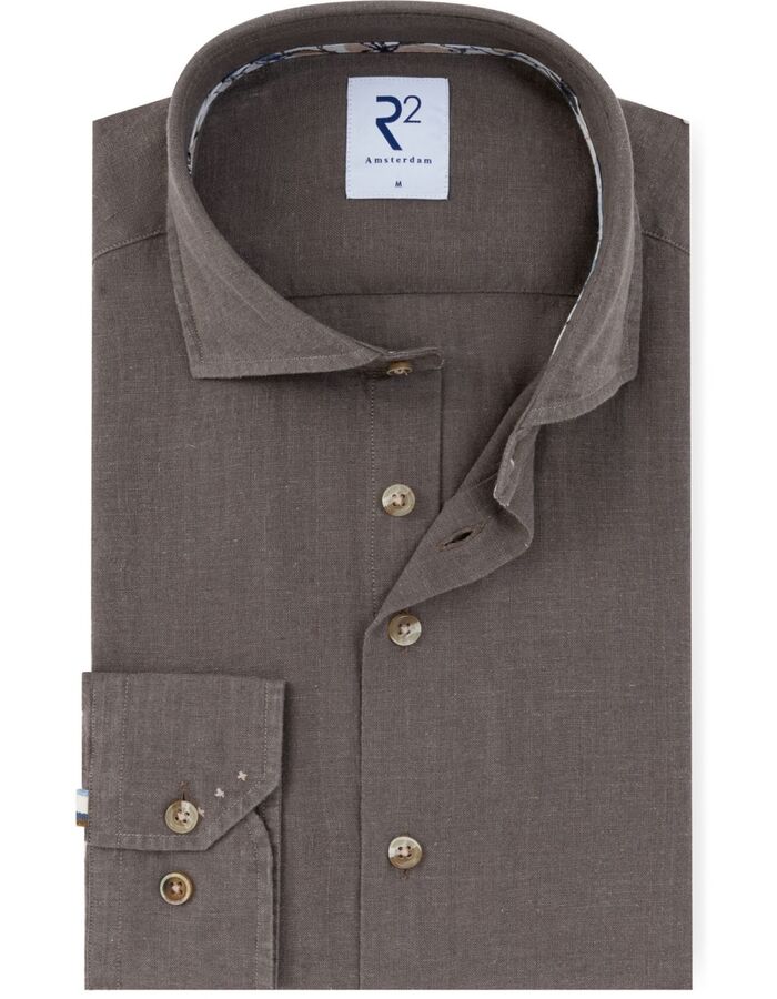 Modern fit linnen-katoen hemd bruin