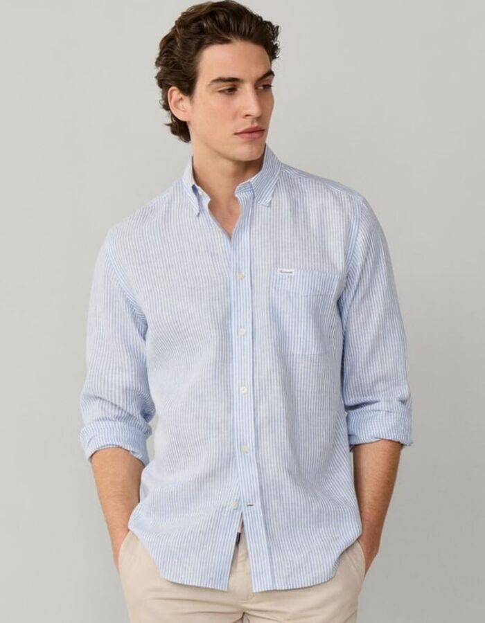 Regular fit linnen hemd bengale strepen horizon blauw