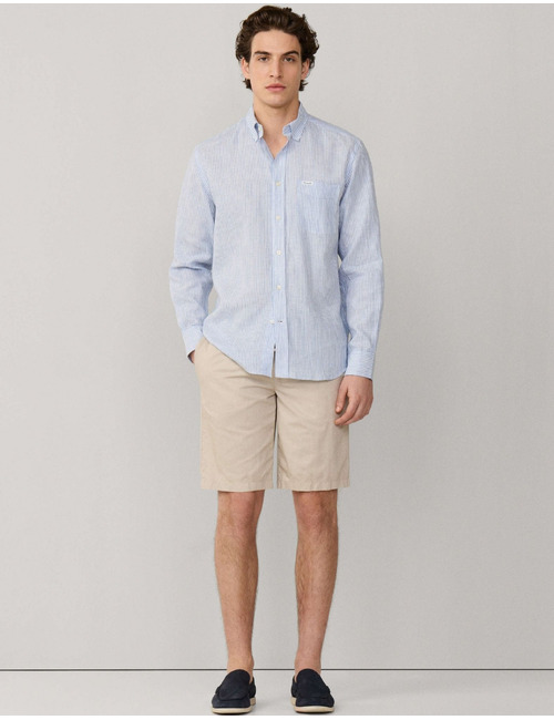 Regular fit linnen hemd bengale strepen horizon blauw