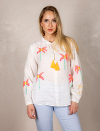 Linnen blouse met palmboom borduursels en kwastjes