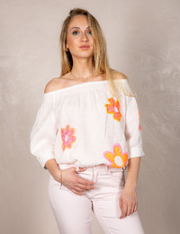 Off shoulder linnen blouse met kleurrijke bloemenapplicaties