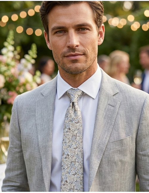 Zijden stropdas met bloemenmotief beige