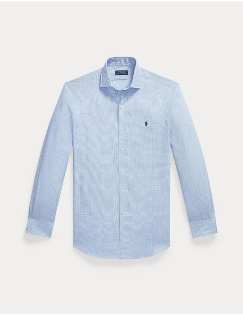 Custom fit linnenblend hemd pied-de-poule blauw wit