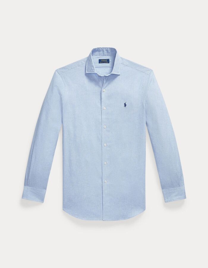 Custom fit linnenblend hemd pied-de-poule blauw wit