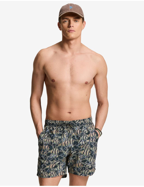 Zwemshort grafische vissenprint groen beige