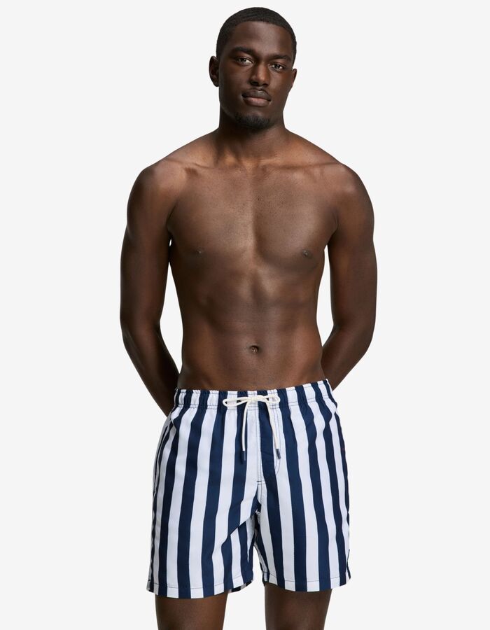 Zwemshort brede strepenprint navy wit