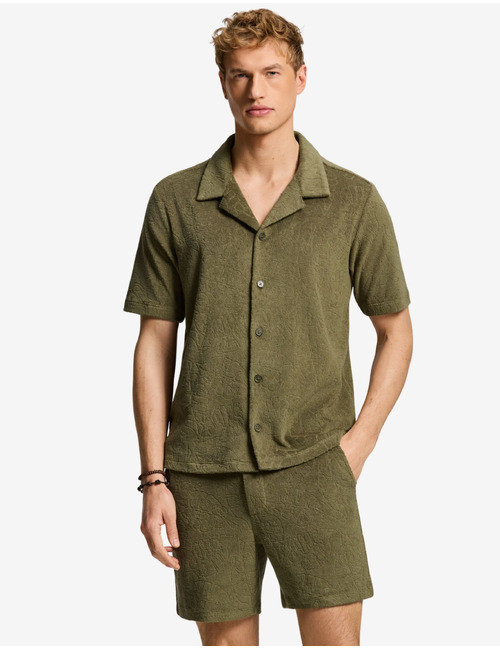 TED badstof overhemd met jacquard bladerenstructuur groen