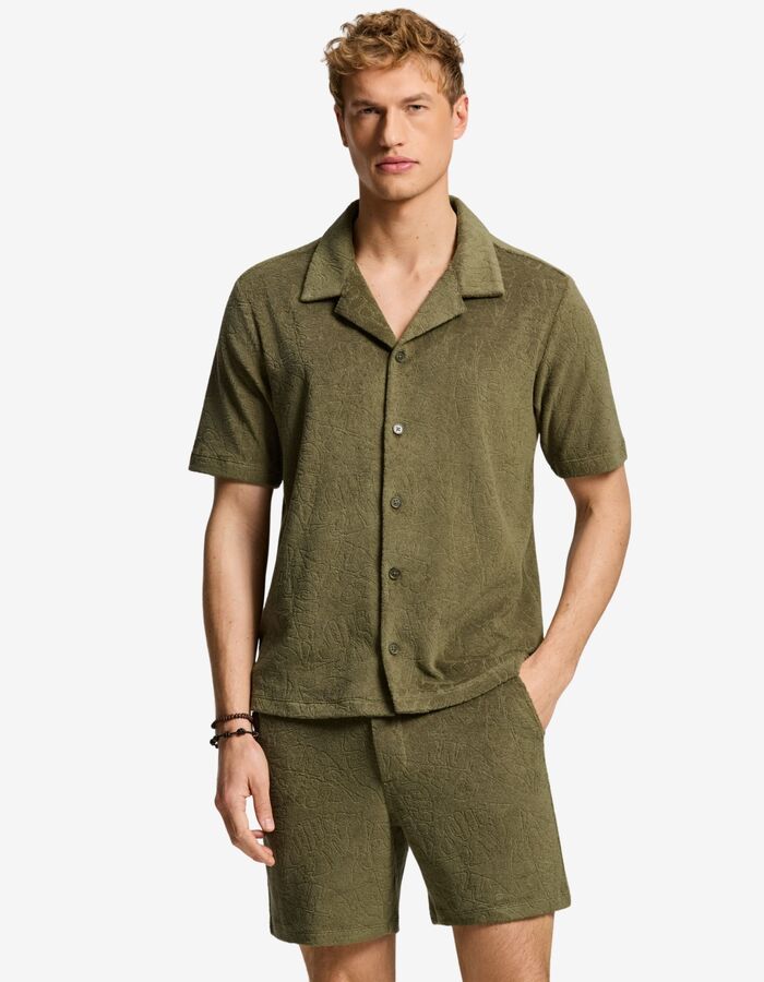 TED badstof overhemd met jacquard bladerenstructuur groen