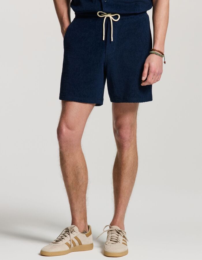 TONY badstof short met jacquard bladerenstructuur donkerblauw