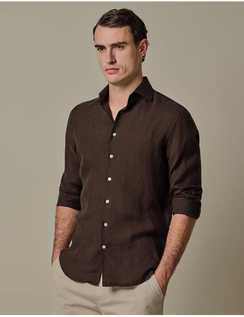 Linnen hemd slim fit donkerbruin