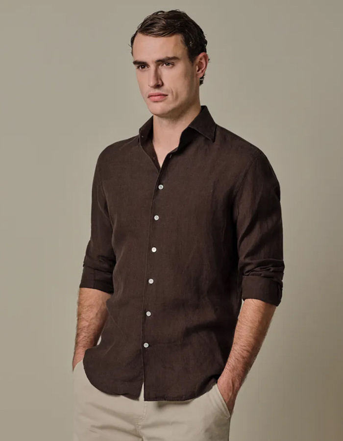 Linnen hemd slim fit donkerbruin