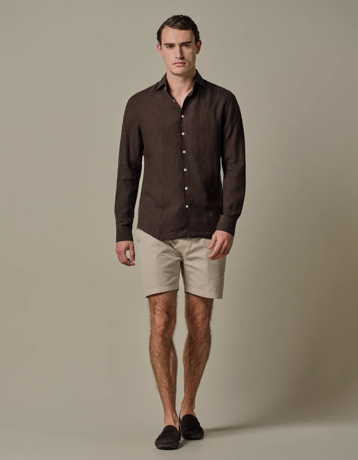Linnen hemd slim fit donkerbruin