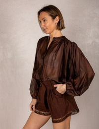 Bruine semi-transparante blouse met pofmouwen
