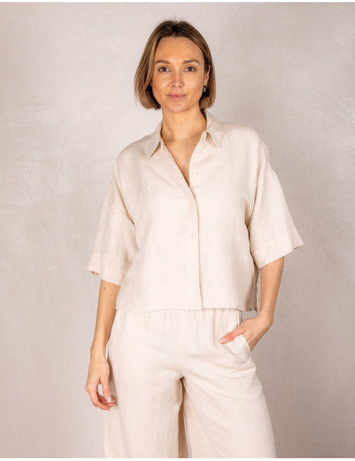 Drykorn korte mouw bloes taupe/beige