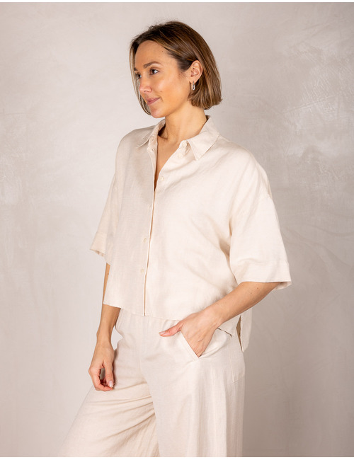 Drykorn korte mouw bloes taupe/beige