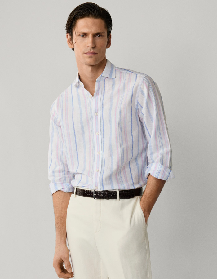 Linnen-katoen hemd met multistrepen lichtblauw