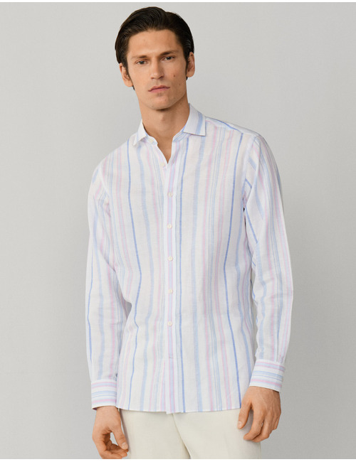 Linnen-katoen hemd met multistrepen lichtblauw