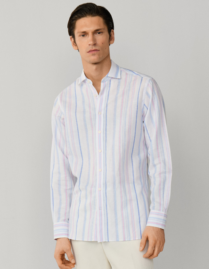 Linnen-katoen hemd met multistrepen lichtblauw