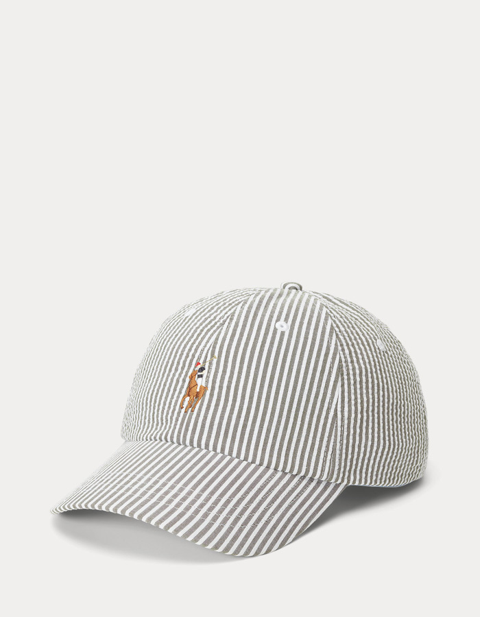 Seersucker pet met strepen en stretch olijfgroen