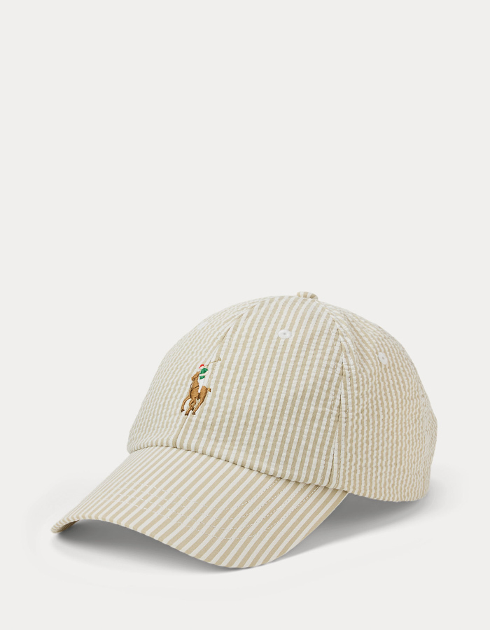 Seersucker pet met strepen en stretch lichtbeige