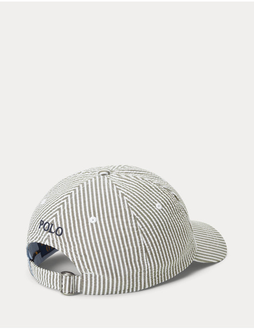 Seersucker pet met strepen en stretch olijfgroen