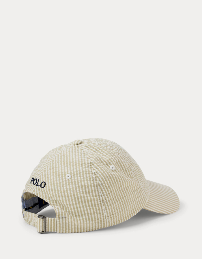 Seersucker pet met strepen en stretch lichtbeige