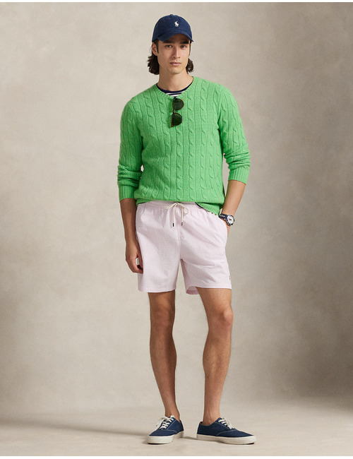 Gestreepte seersucker zwemshort met stretch roze