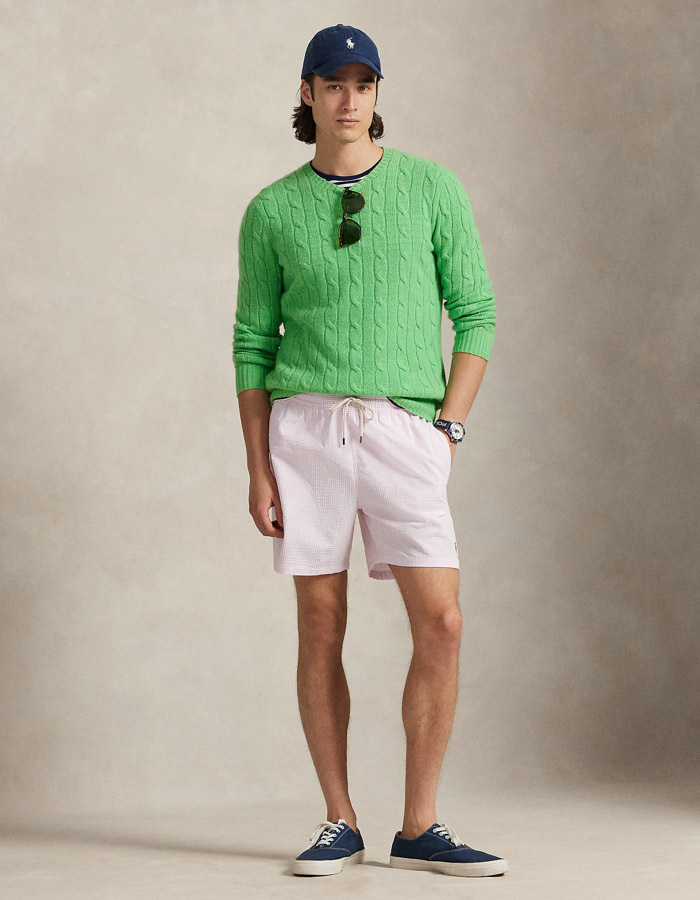 Gestreepte seersucker zwemshort met stretch roze