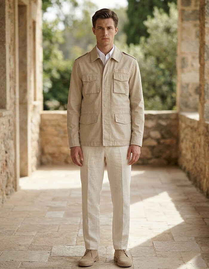 Field jacket katoen met klepzakken ecru