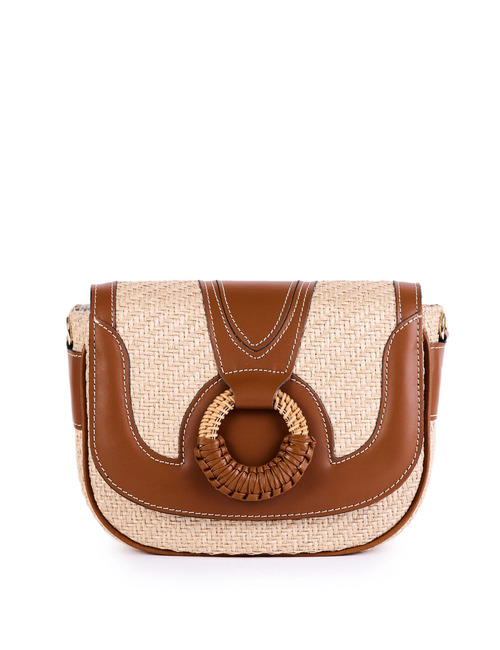 OLIVIA - Raffia schoudertas met leren details en gevlochten ring
