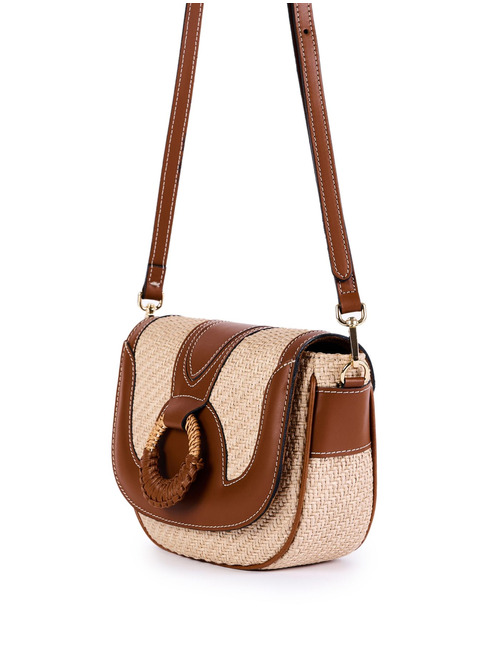OLIVIA - Raffia schoudertas met leren details en gevlochten ring