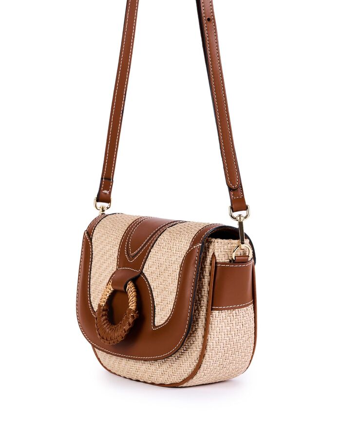 OLIVIA - Raffia schoudertas met leren details en gevlochten ring