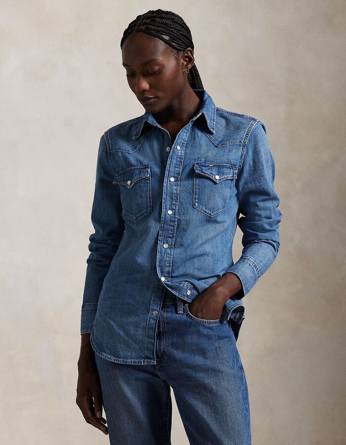 Lichtblauw denim western shirt met drukknopen