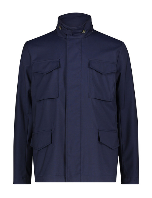 Wollen field jacket met verborgen capuchon donkerblauw