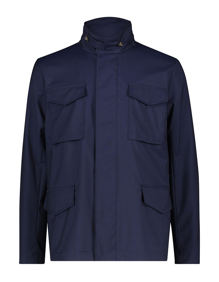 Wollen field jacket met verborgen capuchon donkerblauw