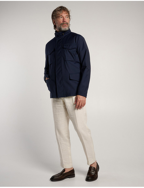 Wollen field jacket met verborgen capuchon donkerblauw