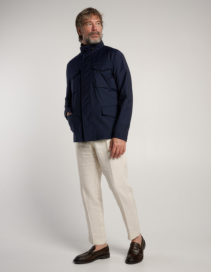 Wollen field jacket met verborgen capuchon donkerblauw