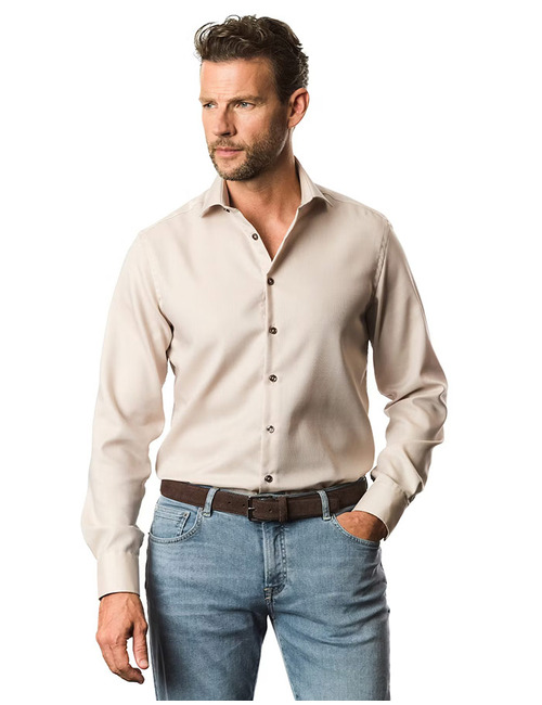 Strijkvrij katoen hemd modern fit zand