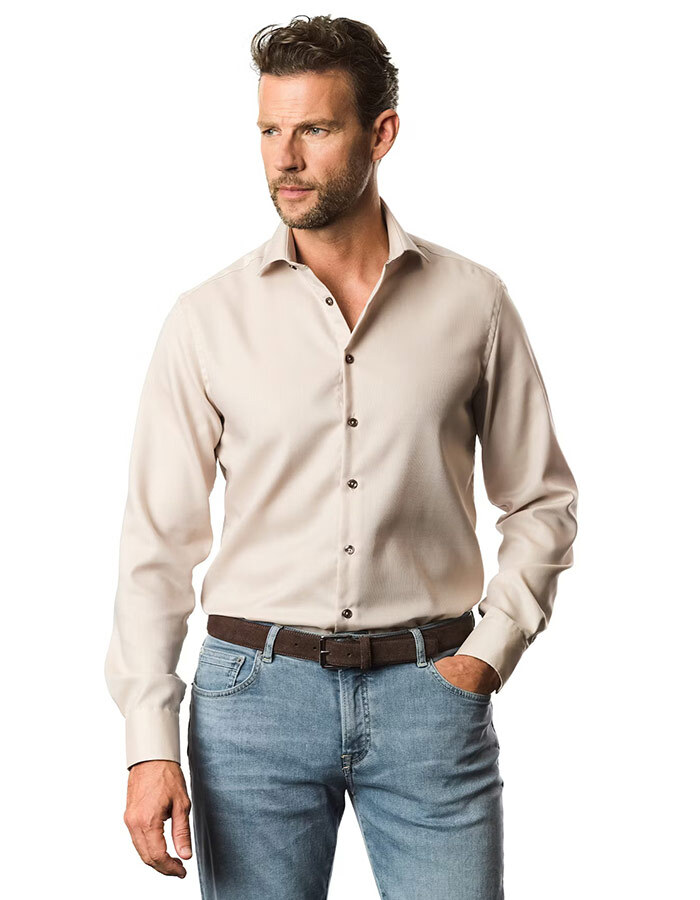 Strijkvrij katoen hemd modern fit zand