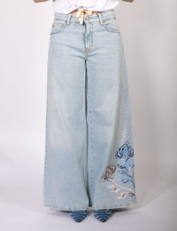 Palazzo cropped - Blauwe palazzo cropped jeans met borduursel