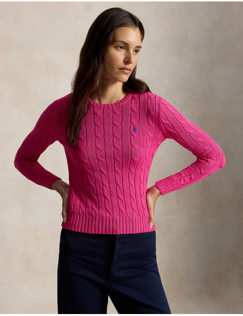 Kabelgebreide katoenen trui met ronde hals in accent pink