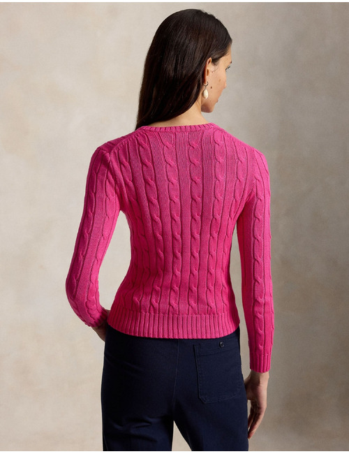 Kabelgebreide katoenen trui met ronde hals in accent pink