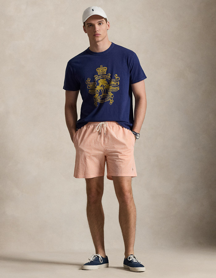 Gestreepte seersucker zwemshort met stretch perzik