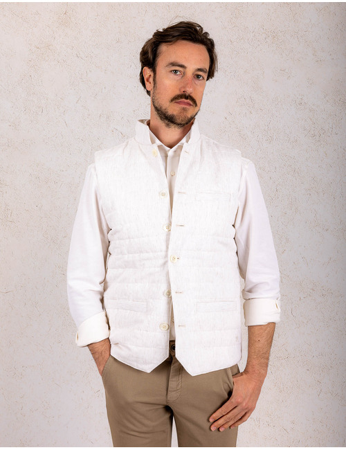 Gestreept linnen Bodywarmer met parelmoerknopen offwhite