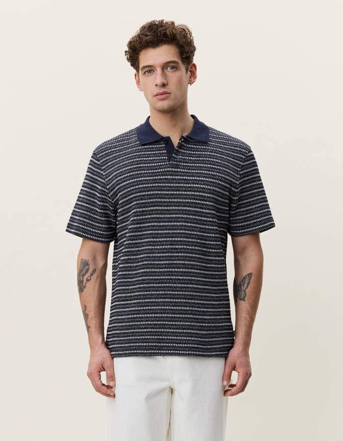 Gebreide gestreepte polo in donkerblauw