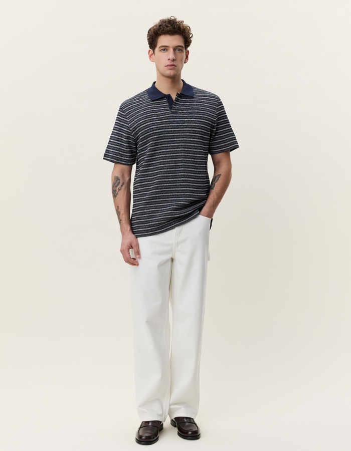 Gebreide gestreepte polo in donkerblauw